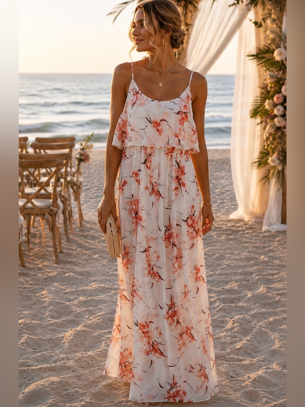 LEITH Nordstrom Garden Floral Chiffon Maxi Dress Small Peach Ivory Wedding Guest